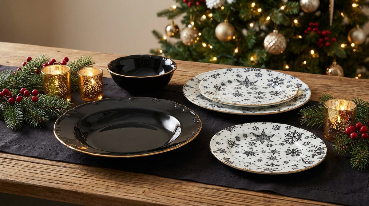 Dinnerware set on a table with Christmas decorations including a tree and candles.