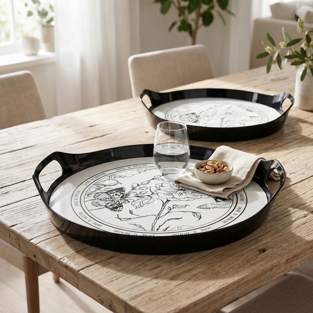 Set of two black plastic serving trays – both sizes displayed
