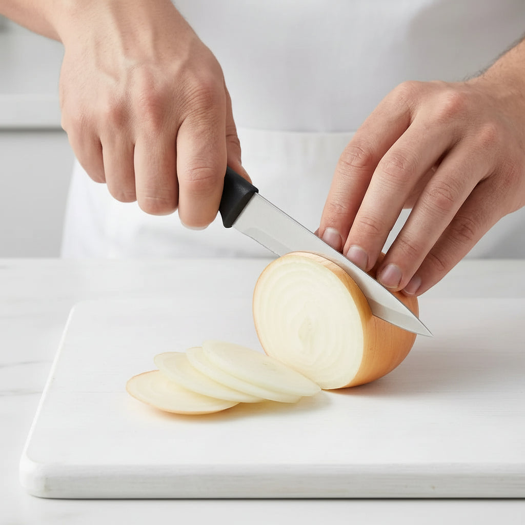 Person slicing an onion on a white cutting board with a knife.