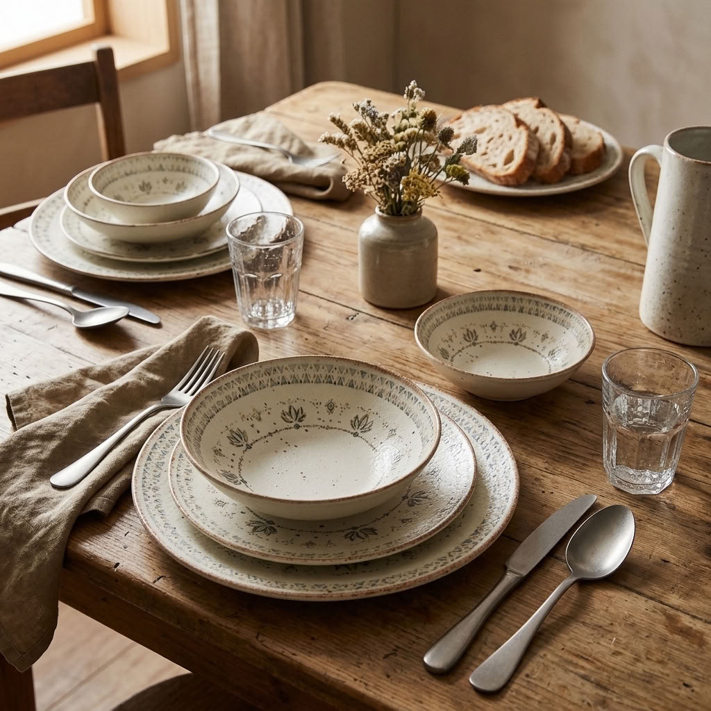 Botanical Ivory 24-piece dinner set on a family dining table