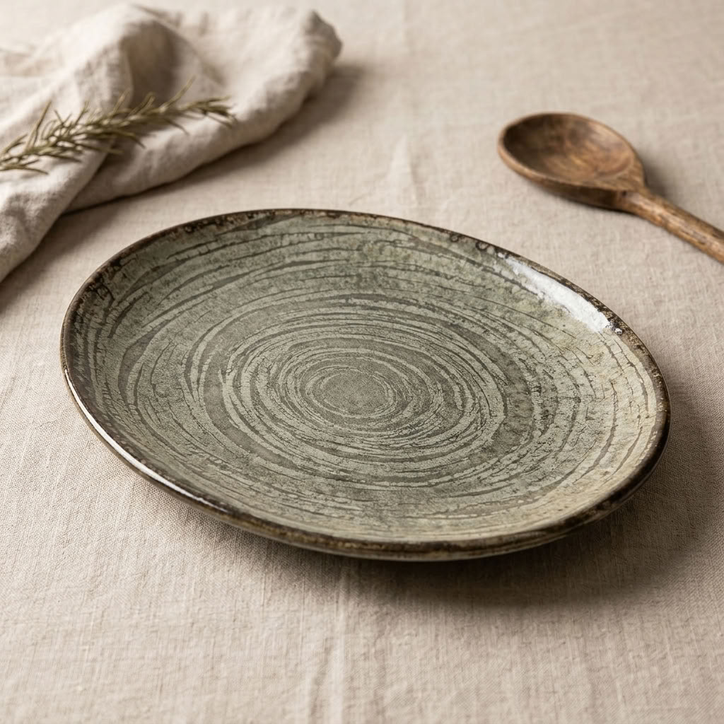 Rustic stone-effect oval porcelain platter – close-up