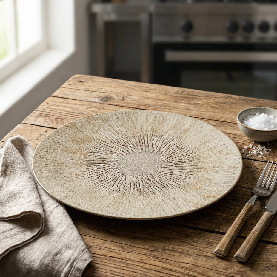 Decorative ceramic plate on a wooden table with kitchen background