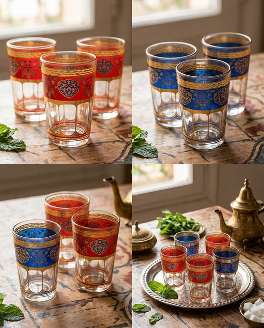 Moro Mosaic Tea Glasses – Set of 6 – طقم كاسات شاي مزخرفة بالأحمر والأزرق وتفاصيل ذهبية، 6 قطع
