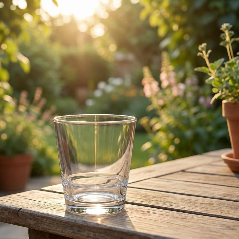 Clear glass on a wooden table with a garden background