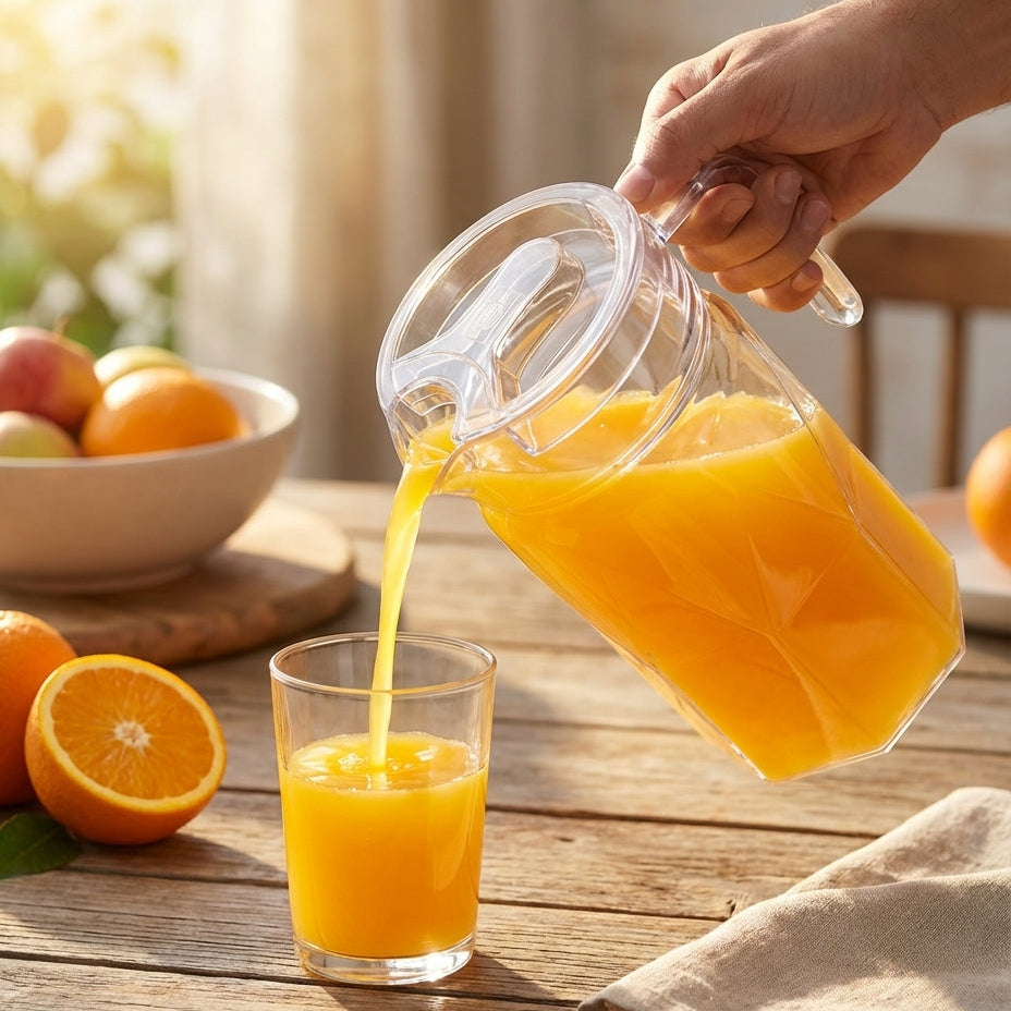 Person pouring orange juice from a glass pitcher into a glass on a wooden table with oranges and a bowl in the background.