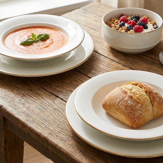 Two bowls of soup and a bowl of cereal with berries on a wooden table.