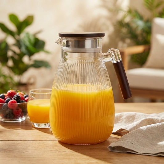 Clear glass pitcher filled with orange juice on a wooden table with a blurred background