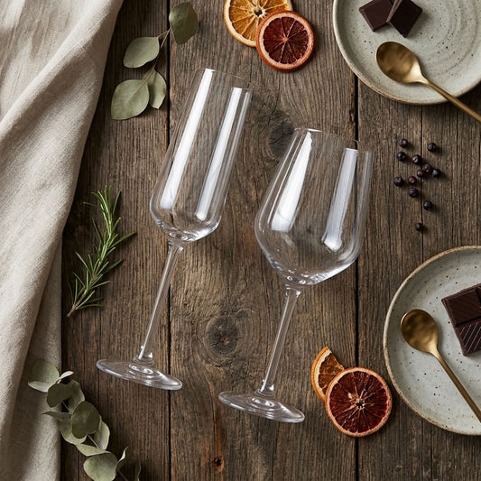 Set of 12 clear glassware: champagne flutes and wine glasses