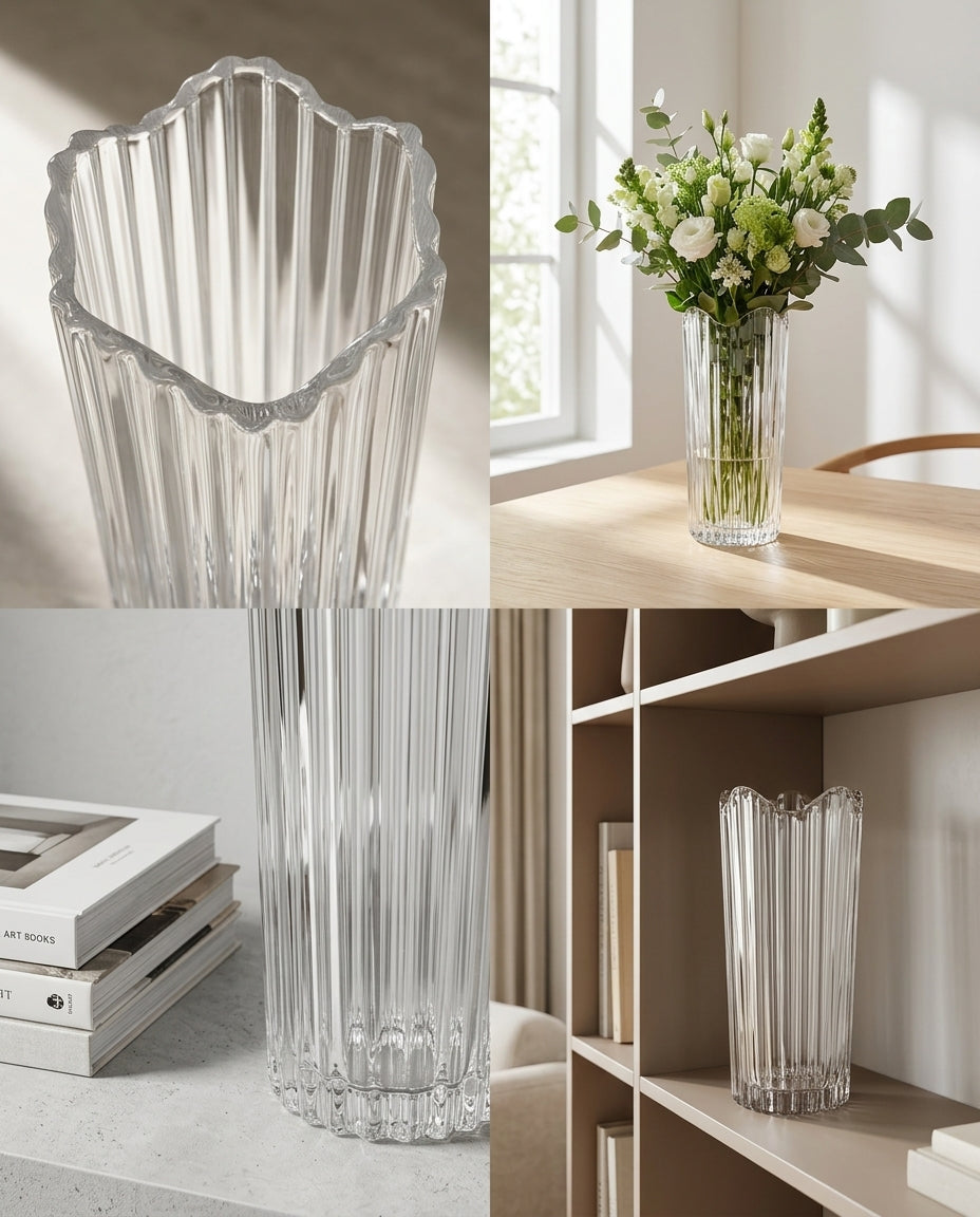 A clear ribbed glass vase shown in four lifestyle settings: close-up detail, on a wooden table with flowers, on a shelf, and standing on a tabletop beside stacked books.