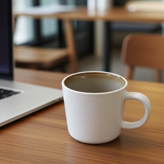 White mug on a wooden table next to a laptop in a blurred office setting