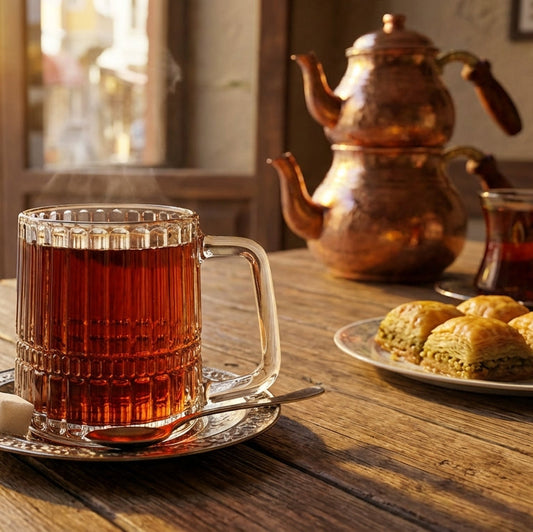Tea cup with a view of a street outside a window