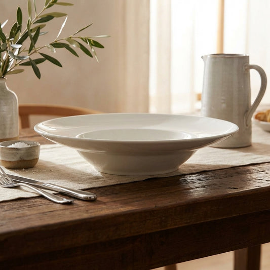 White ceramic bowl on a wooden table with a plant and pitcher in the background