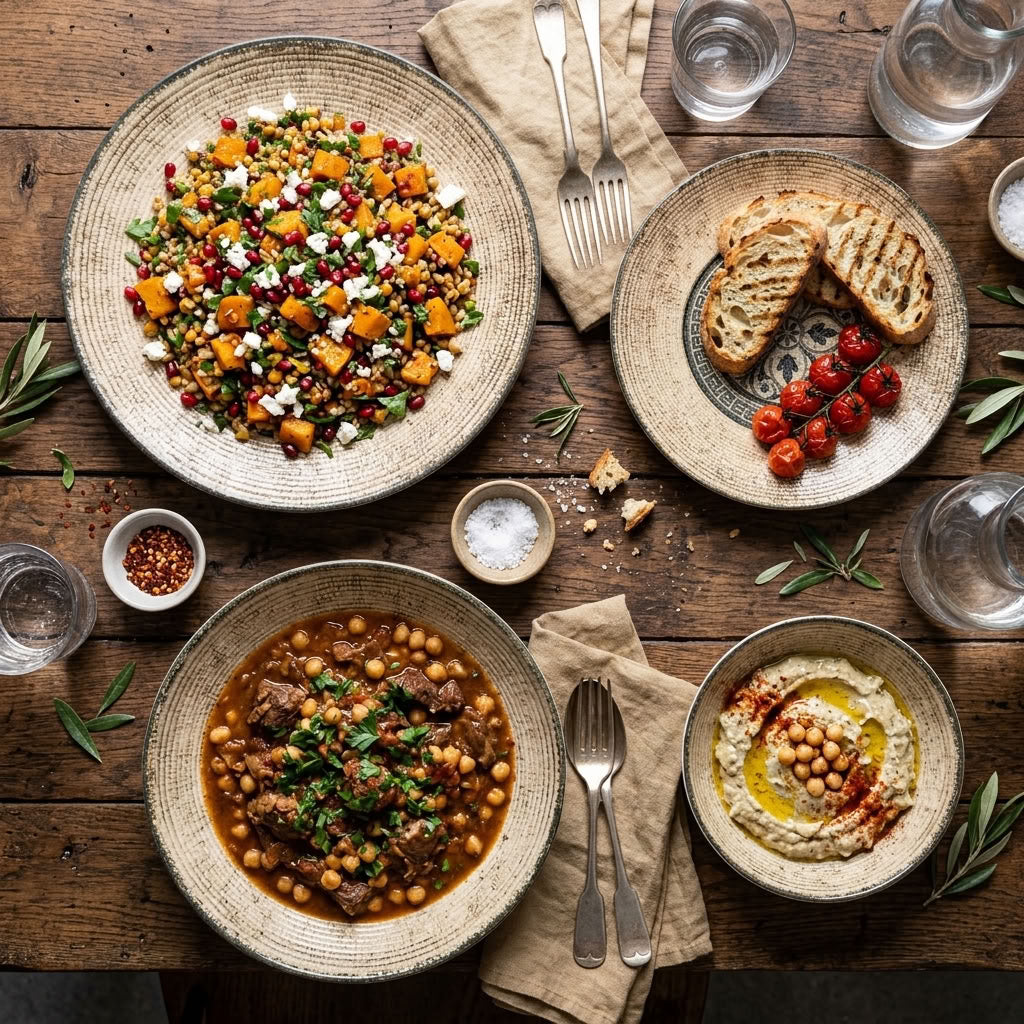 Mosaic Heritage dinnerware – serving dishes with food
