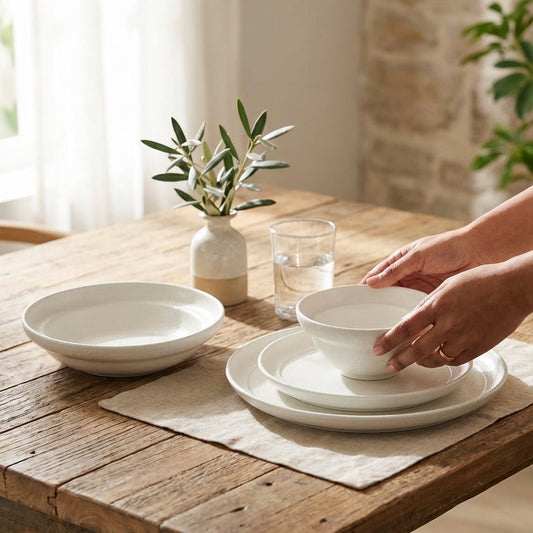 Person setting a table with white dishes on a wooden table in a bright room.