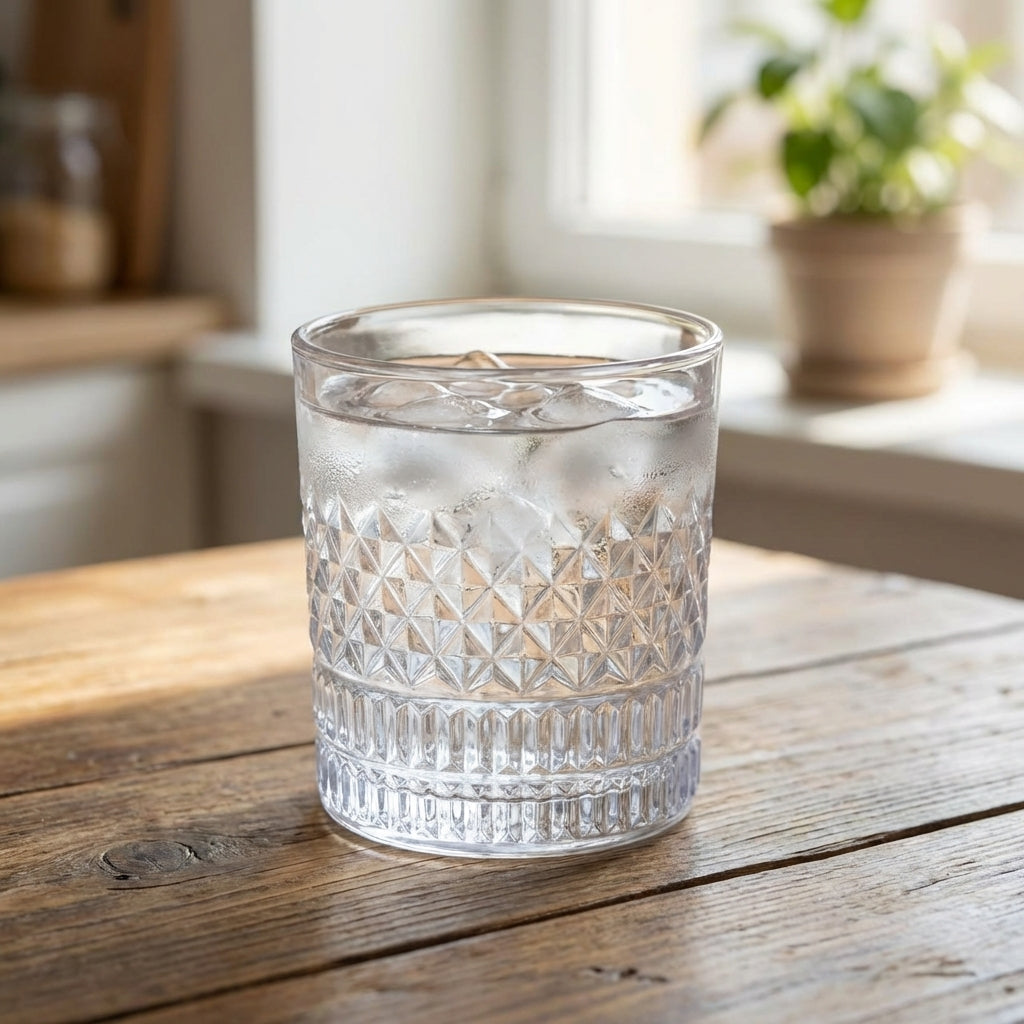 Clear glass with water on a wooden table with a blurred indoor background