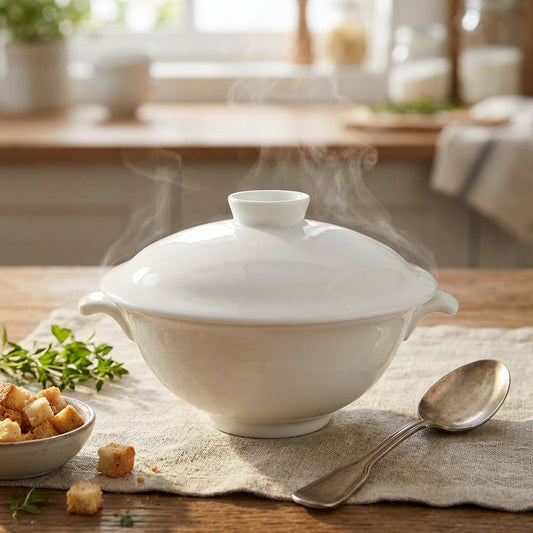 White ceramic lidded dish with steam rising, placed on a wooden table with a spoon and small bowl of croutons.
