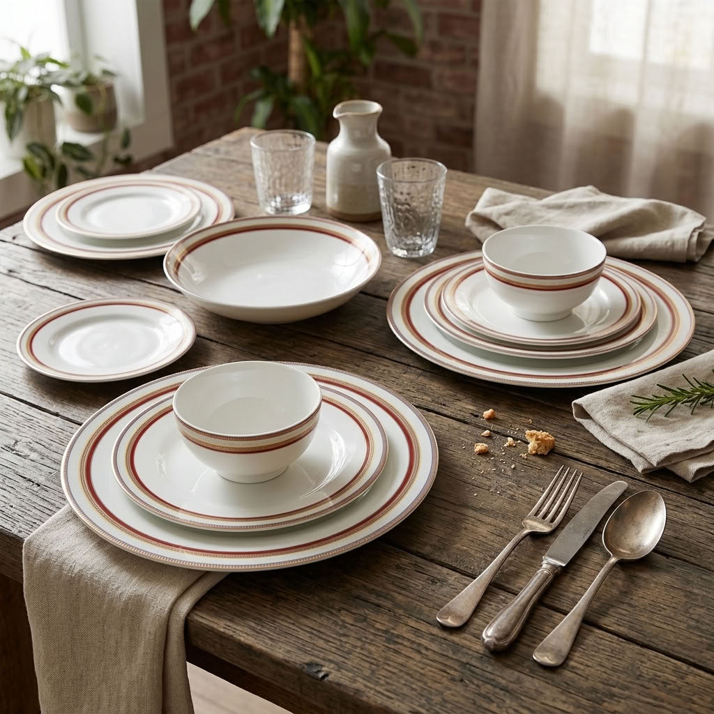 Regal Stripes 24-piece ceramic dinner set – complete table arrangement
