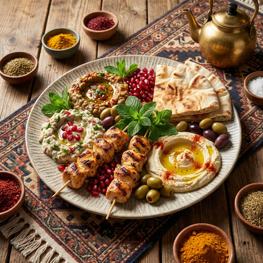 Platter of hummus, pita bread, and skewered chicken on a wooden table with spices and a teapot.