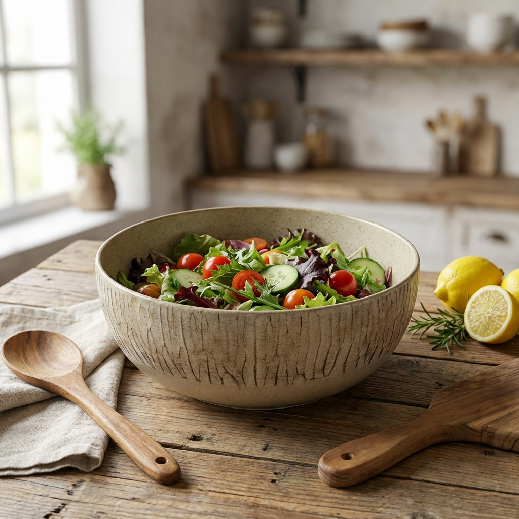 Bowl of salad on a wooden table with kitchen background