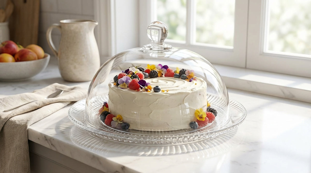 Decorative cake with colorful flowers under a glass dome on a kitchen counter.