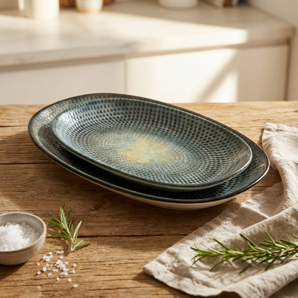 Two dark green ceramic plates stacked on a wooden table with a cloth and herbs.