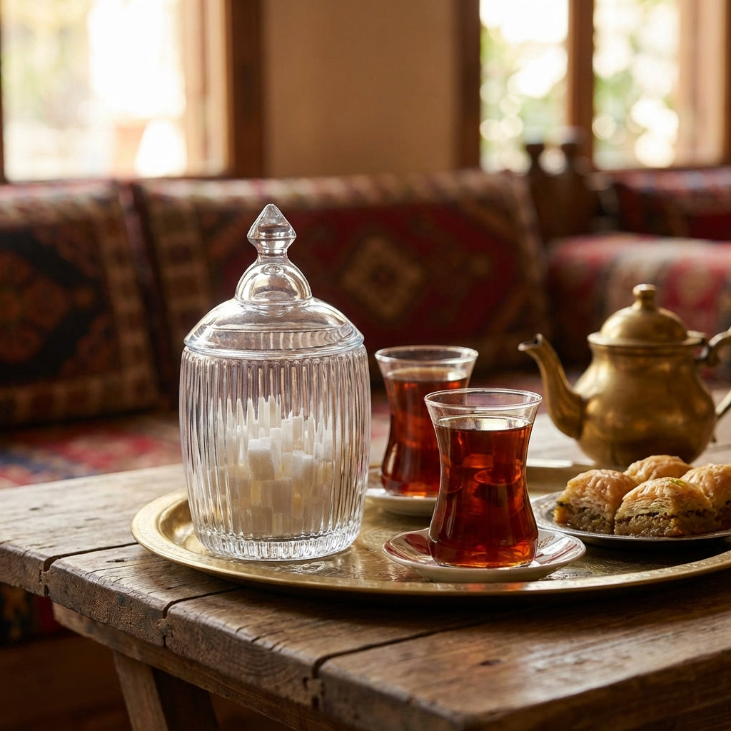 Tea set with glasses, teapot, and pastries on a wooden table in a cozy room.