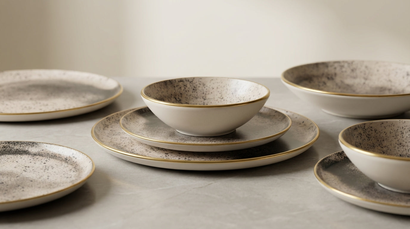 Set of ceramic dinnerware with speckled glaze on a neutral background
