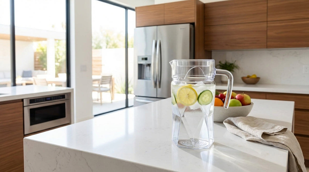 Kitchen counter with a pitcher of water and fruit, modern appliances, and a bowl of apples.