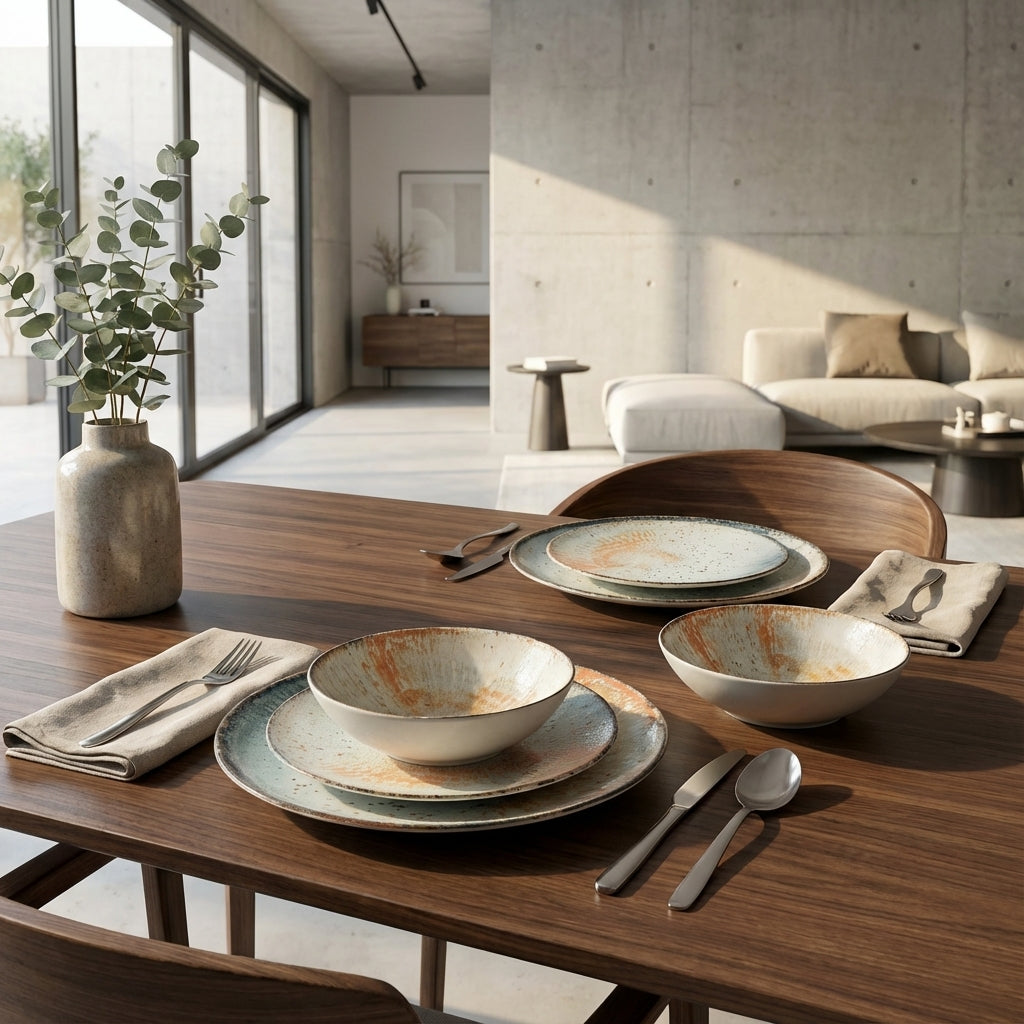 Dining table set with ceramic plates and cutlery in a modern living room.