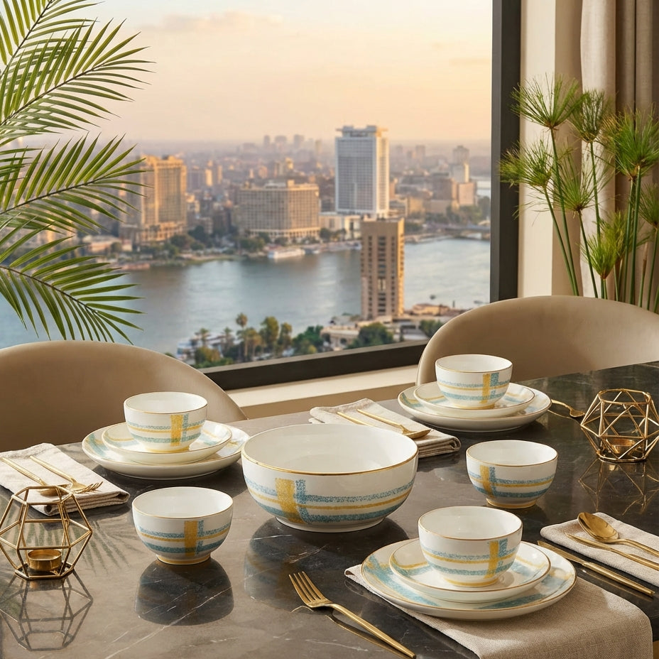 Dining table set with ceramic bowls and plates, cityscape view from window.