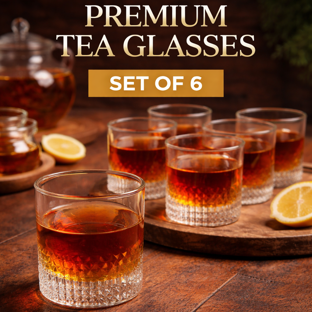 Set of six premium tea glasses on a wooden surface with tea and lemon slices, featuring text about the product's features.