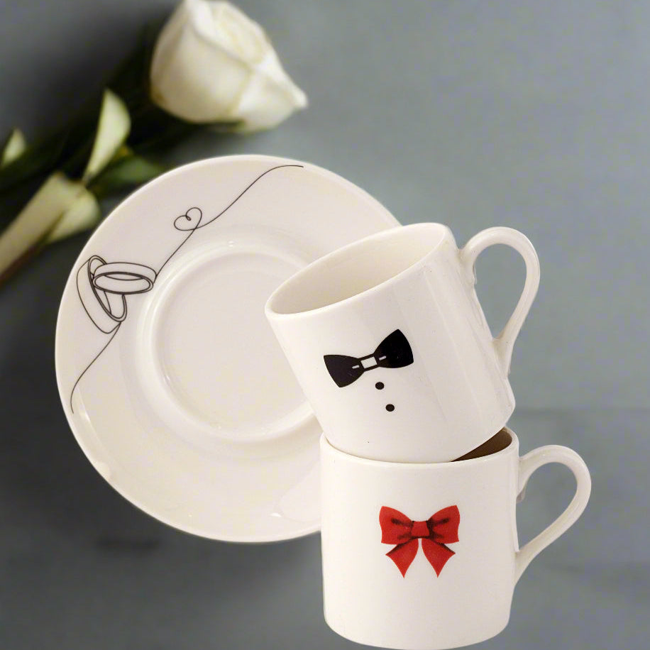 Lovu Coffee Set for Couples - Bride & Groom Porcelain Mugs with Saucers - Anniversary & Wedding Gift
