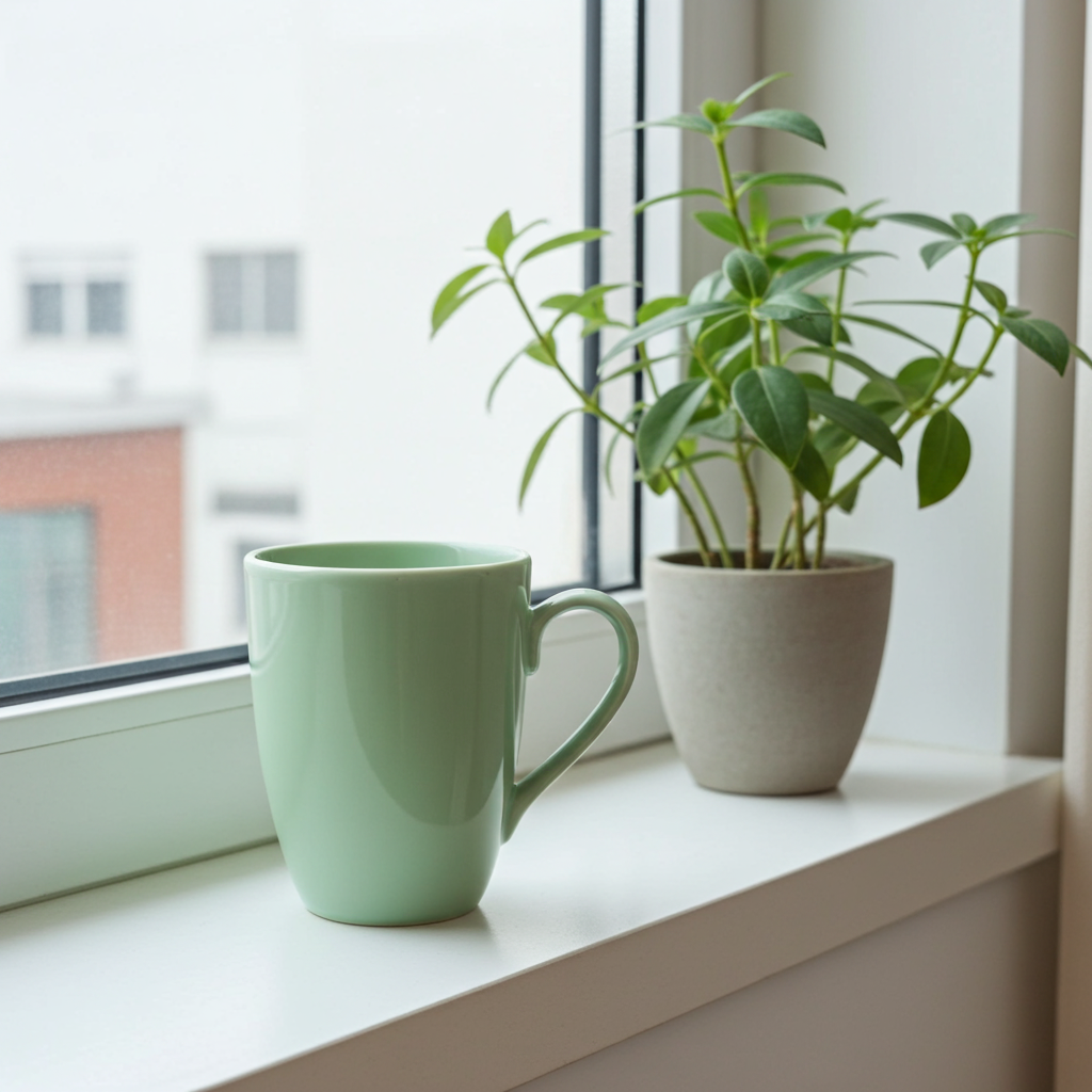 Green mug and potted plant on a windowsill