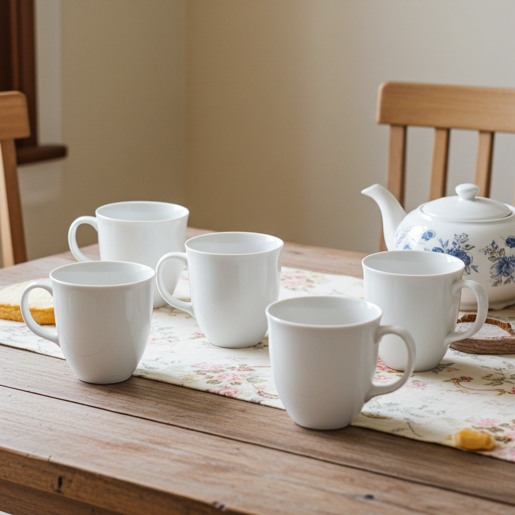 Set of white mugs on a wooden table with a teapot in the background