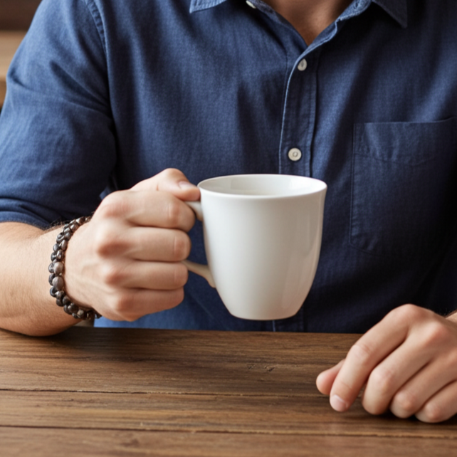 Person holding a white mug on a wooden table