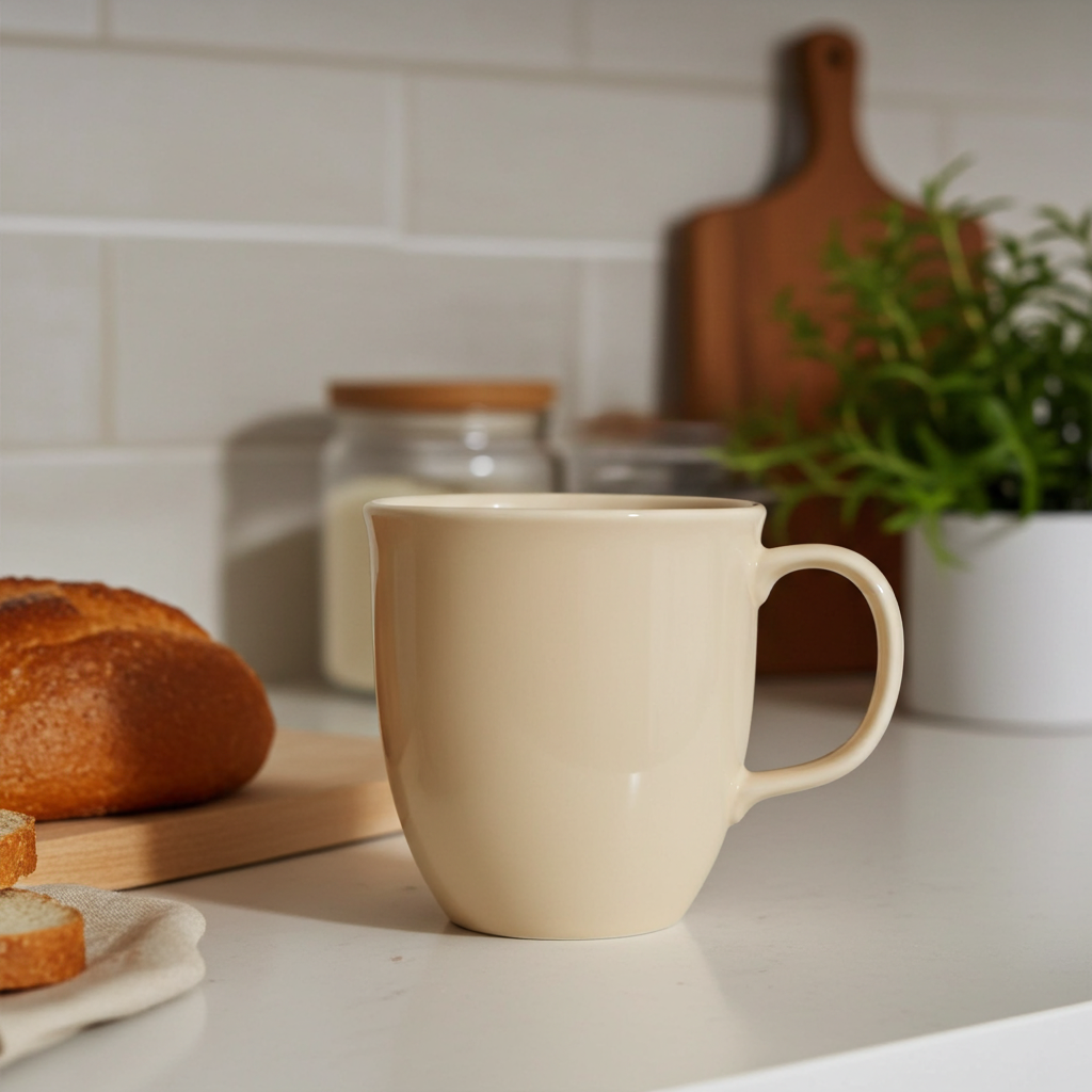 Beige mug on a kitchen counter with bread and a plant in the background