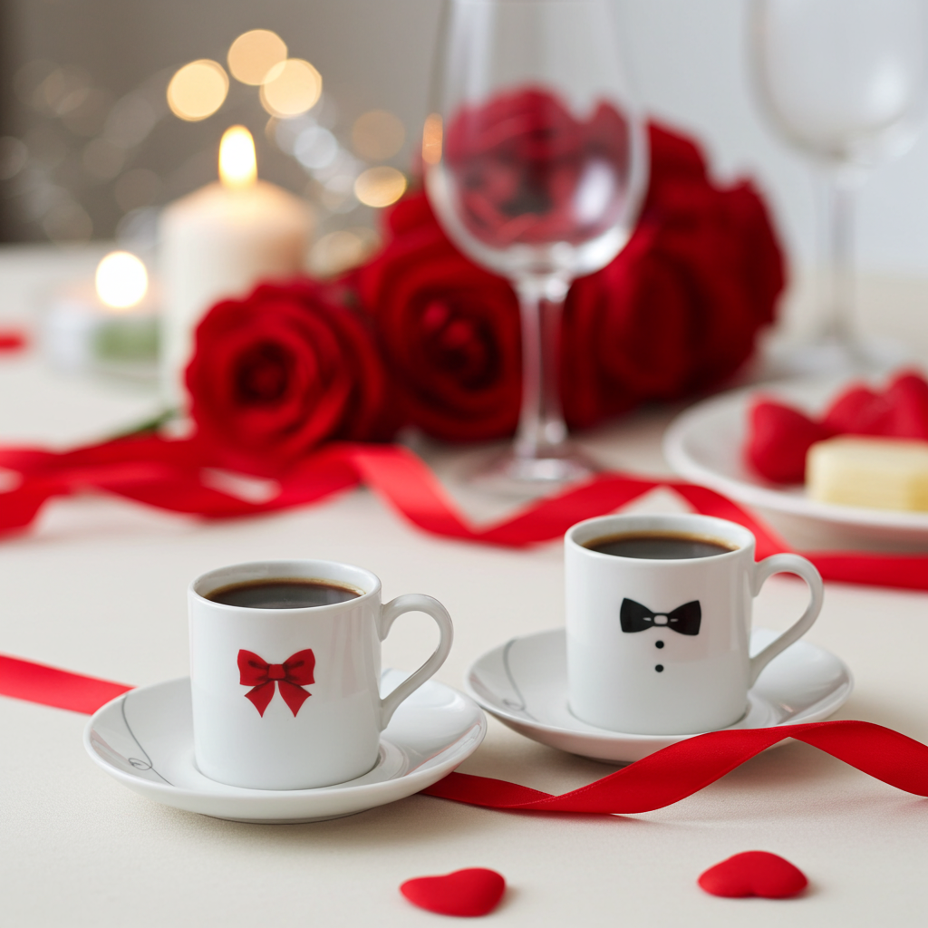 Two white coffee cups with decorative designs on a table with red roses and candles.
