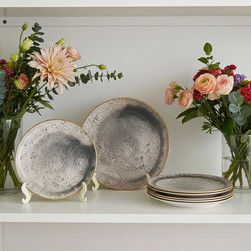 Speckled ceramic plates on a white surface with floral arrangements.
