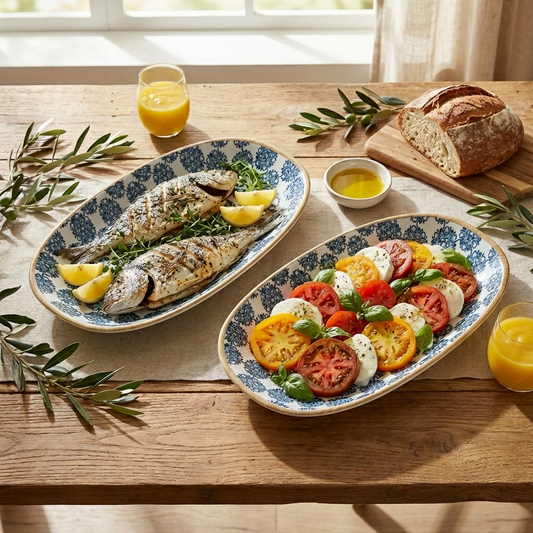 Dinner table with grilled fish, salad, and bread on a wooden surface.