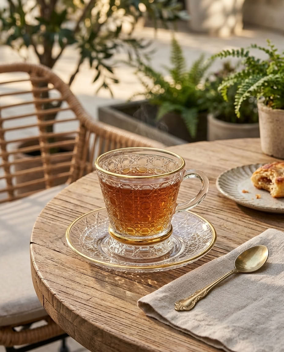 Elegant cut-glass coffee cup and saucer with gold detailing