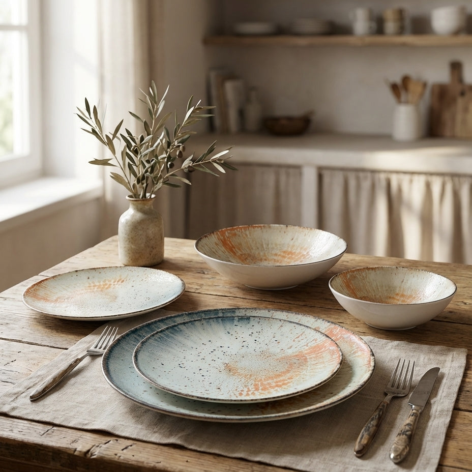 Set of ceramic plates and bowls on a wooden table with a rustic kitchen background.