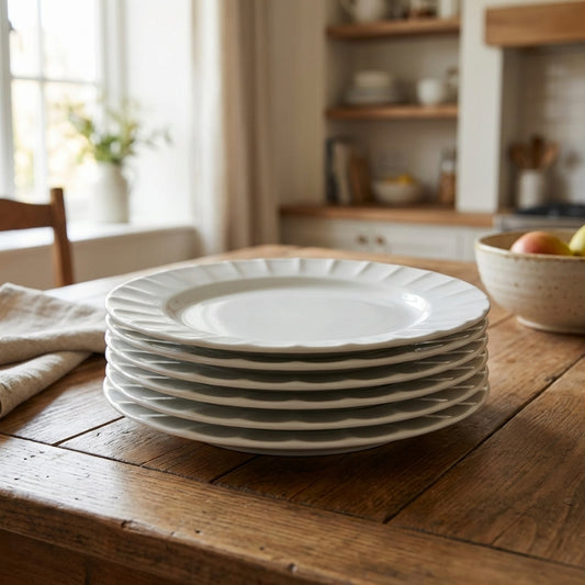 Stack of white plates on a wooden table in a kitchen setting