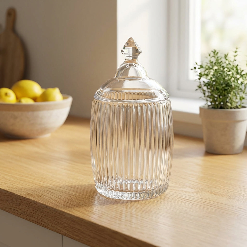 Clear glass jar with a lid on a wooden surface, with a bowl of lemons and a plant in the background.