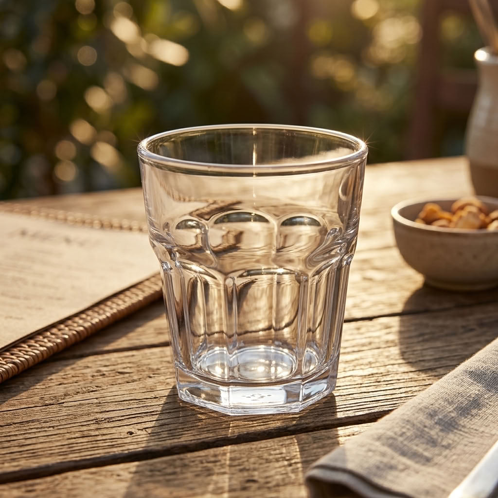 Clear drinking glass in warm natural light