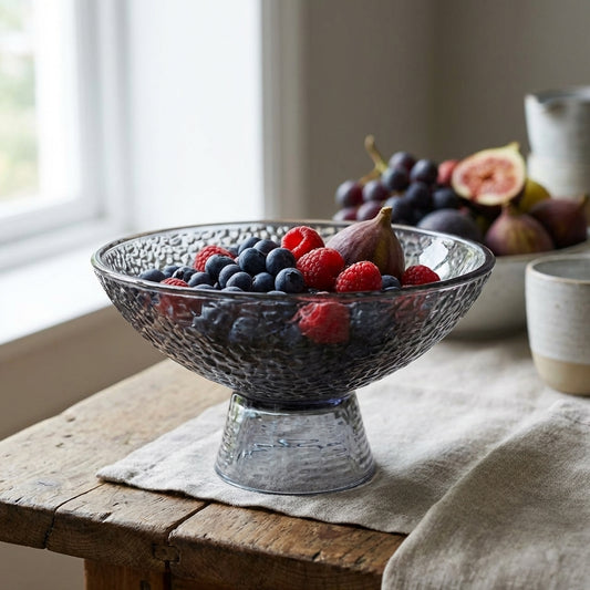 Decorative silver bowl filled with berries on a wooden table