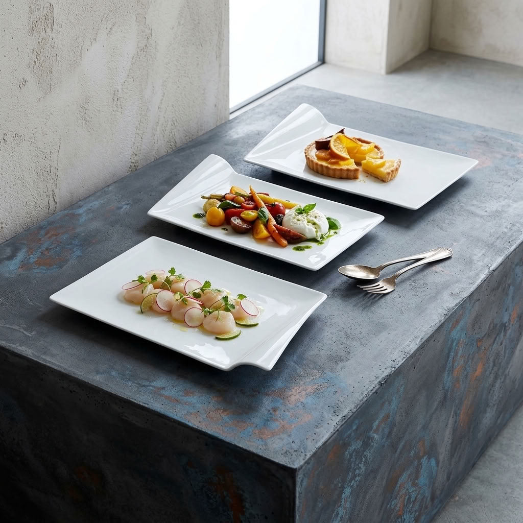 Three white rectangular ceramic plates with wavy edges are arranged on a rustic blue-gray stone table, styled with plated food and silver cutlery in a bright interior setting.