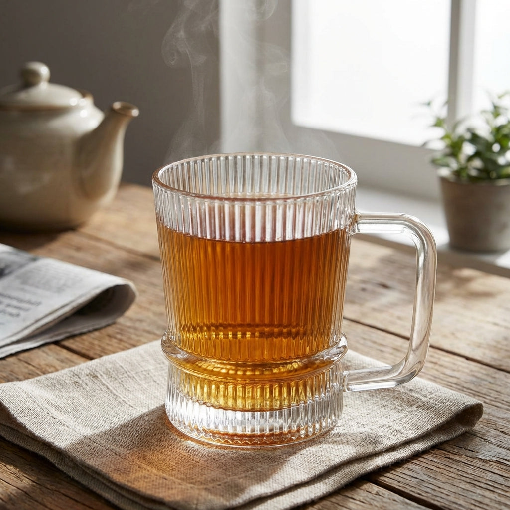 Clear glass mug with steaming hot liquid on a wooden table, with a teapot and newspaper in the background.