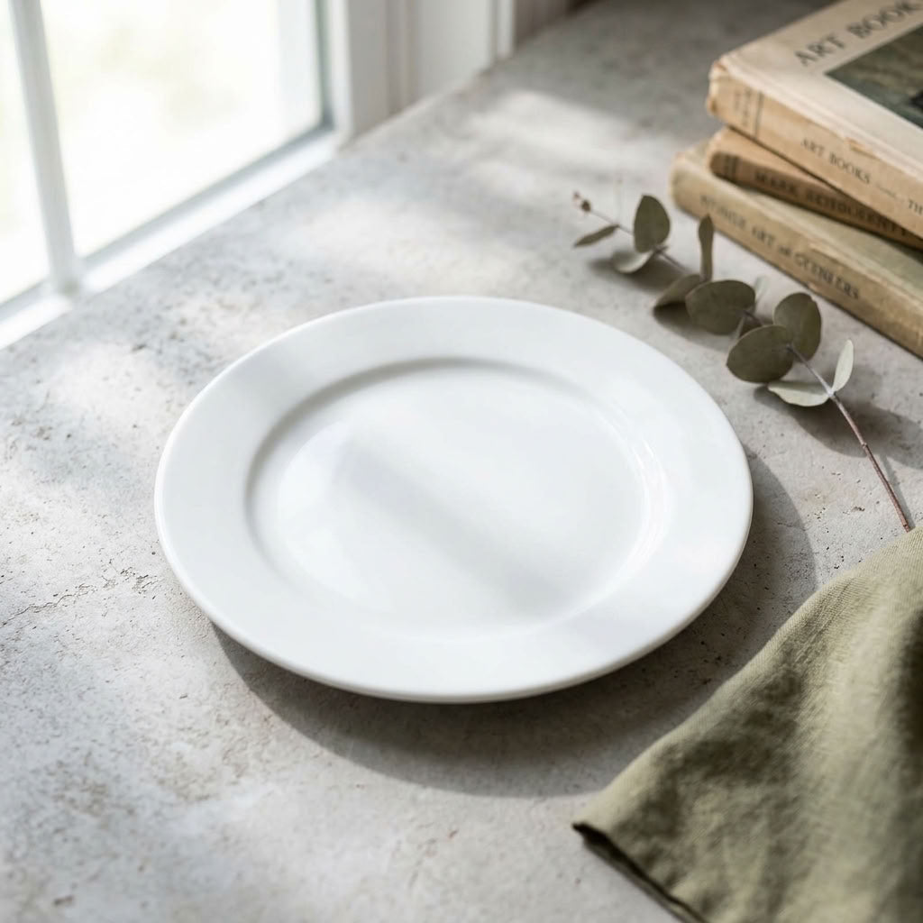 A white ceramic plate with a wide rim, styled on a textured gray stone surface next to a green linen napkin, eucalyptus stems, and vintage books.