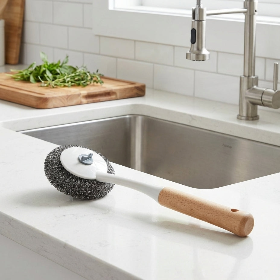 Cleaning scrubber with wooden handle on a kitchen counter