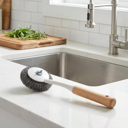 Cleaning scrubber with wooden handle on a kitchen counter